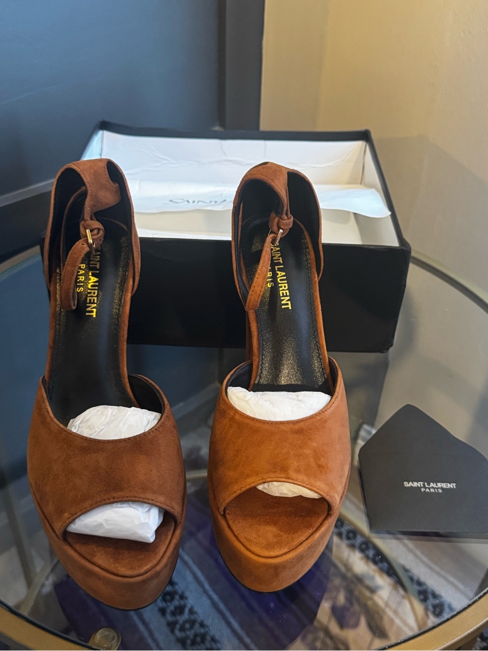 Saint Laurent Tan Suede Platform Peep-Toe Heels
